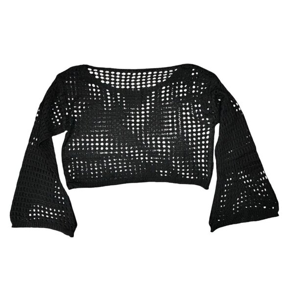New Black Cropped Crochet Knit Mesh Sweater Top Sz.M Bell Sleeve Grunge Goth Y2K - Picture 6 of 7